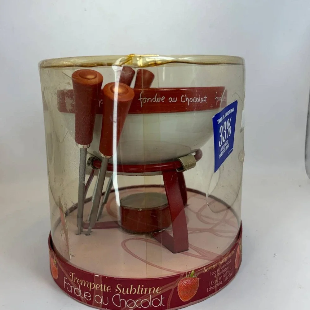 Joie MSC Dipping Desire Chocolate Fondue Set Ceramic Bowl 4 Forks Red White